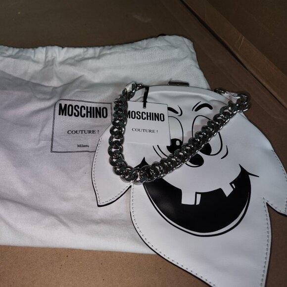 Moschino Couture NWT 2020 White Leather GHOST Purse Silver Chain Jeremy Scott - Picture 1 of 9